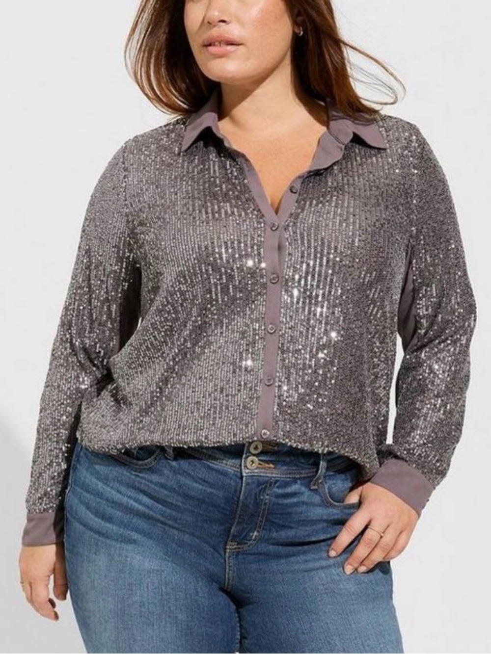 Torrid Madison Sequin Button-Front Shirt in Metallic Gray Silver 16/18